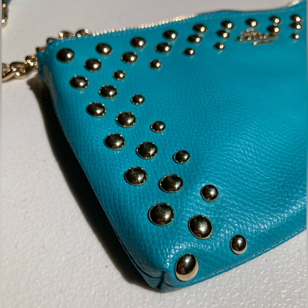 Coach Quinn Teal Blue Metal Bubble Studded Soft Leather Small Crossbody Purse - Picture 4 of 17